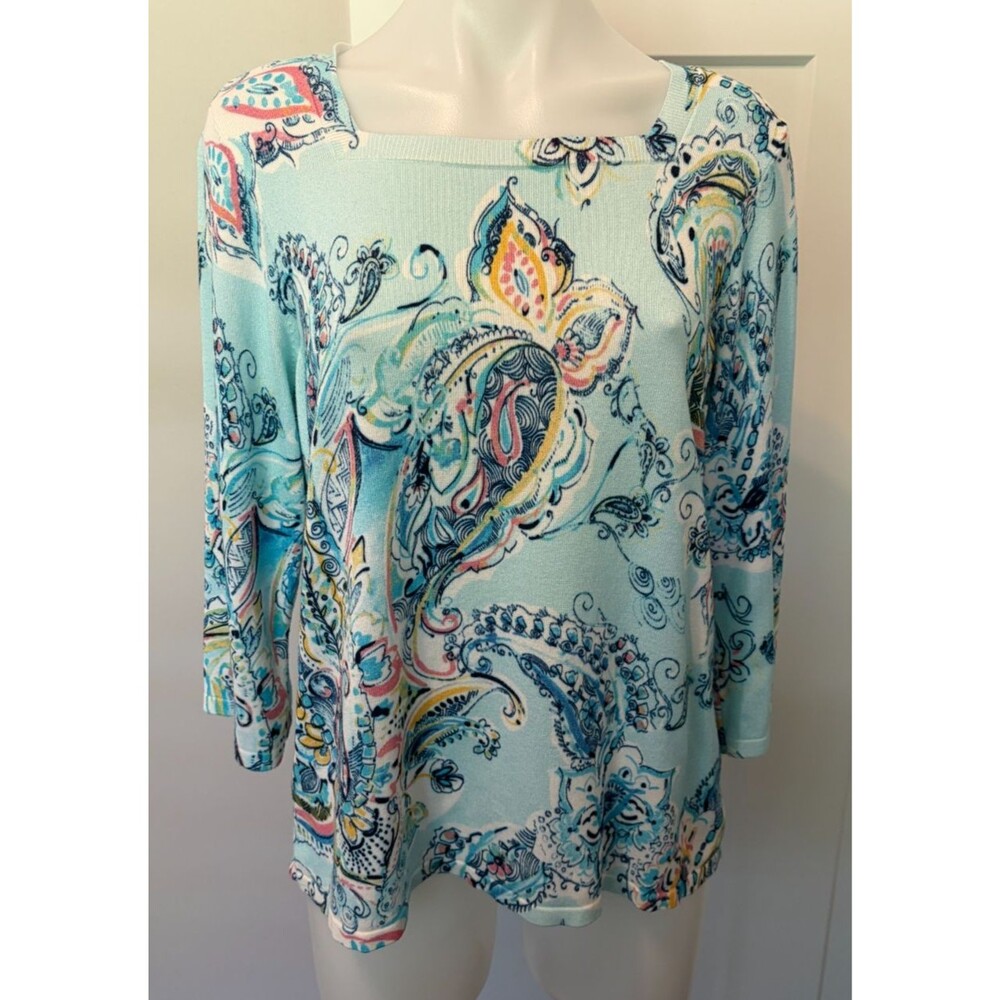 CHICOS Womens SWEATER 3/4 Sleeve BLUE Pink Yellow PAISLEY Size 1 (M/8)